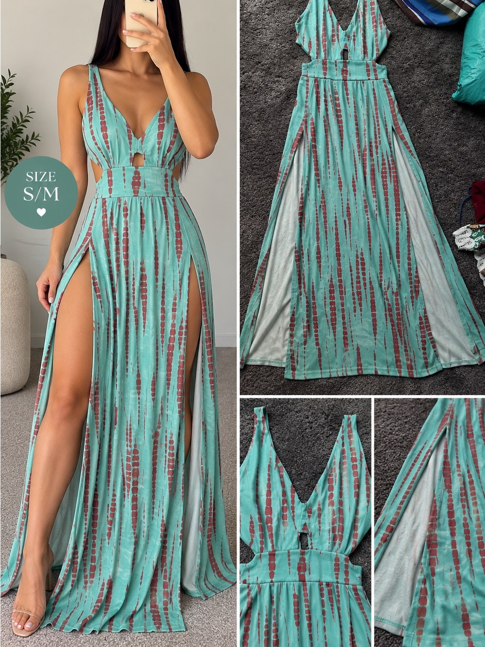 Sleeveless V-Neck Split Maxi Dress in Aqua with Rust Accents